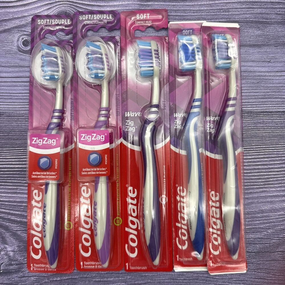 5 Colgate Wave Zig Zag Toothbrush Green Gum Compact Head Soft Toothbrush